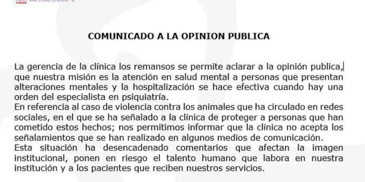 Clínica Los Remansos rechaza señalamientos por posible atención al sujeto que maltrató a Isadora
