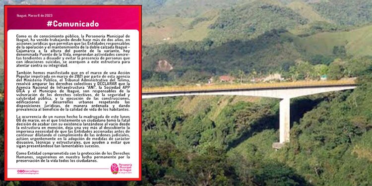 Personería de Ibagué reclama por incumplir acción popular que ordena instalar malla de seguridad en el puente de la variante