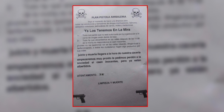 Panfleto intimidante declarando plan pistola ronda en Ambalema