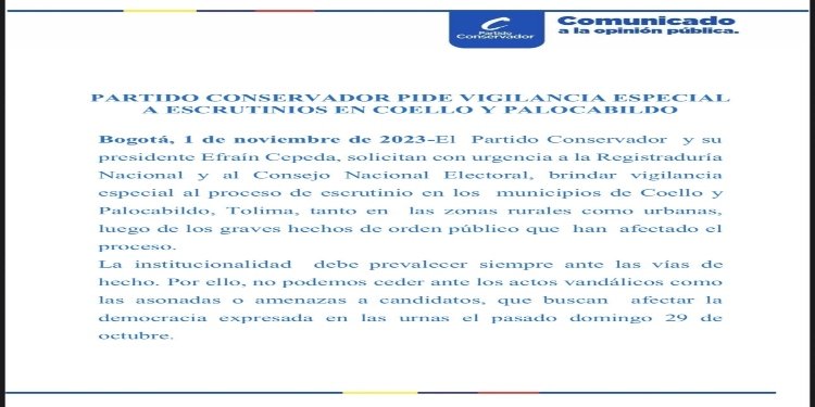 El Partido Conservador pidió especial cuidado en los escrutinios de algunos municipios del Tolima