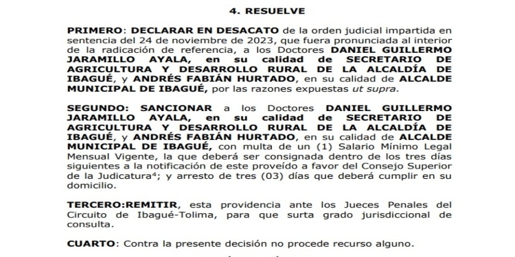 Volvieron a ordenar tres días de arresto y multa al Alcalde de Ibagué por desacato