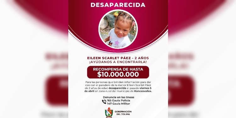 Gobernación del tolima ofrece recompensa por el paradero de la pequeña Eileen en Roncesvalles