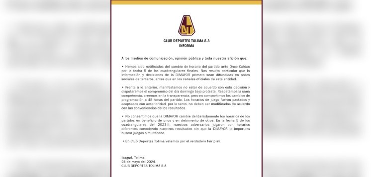 “Bajo Protesta” así se declara Deportes Tolima por decisión de la Dimayor