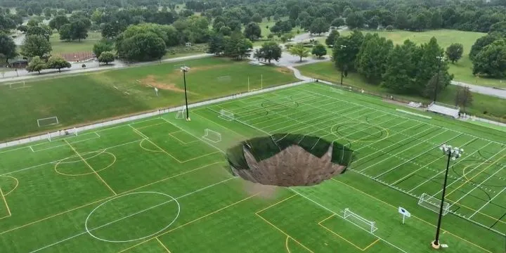 Gigantesco socavón se traga campo de fútbol en Illinois, Estados Unidos