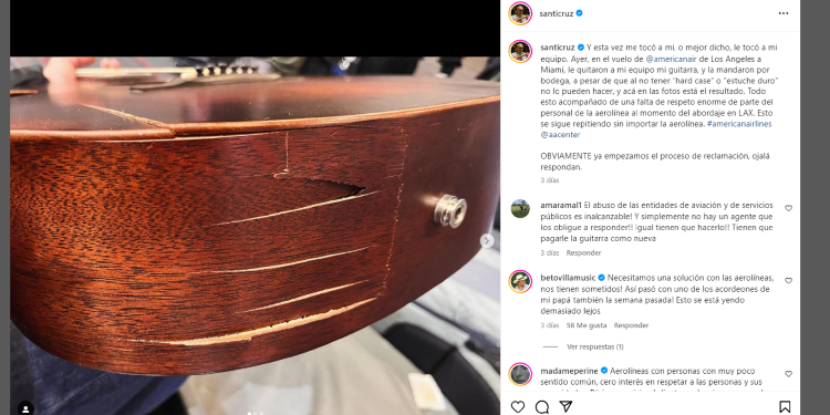 Santiago Cruz denunció el maltrato de su guitarra por parte de una aerolínea reconocida
