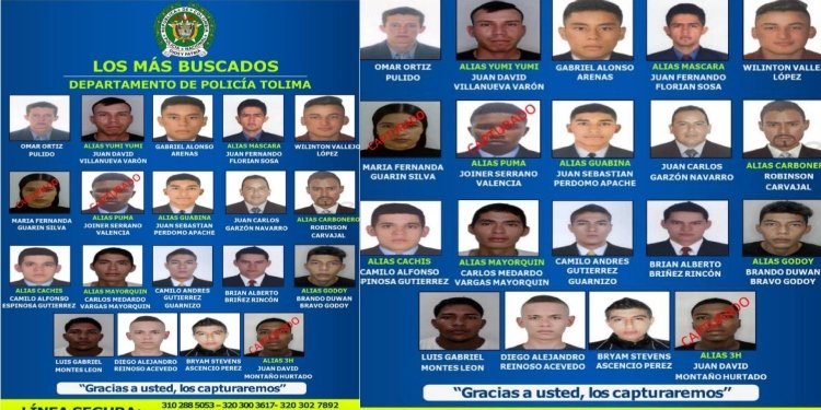 Este es el cartel de los más buscados en el departamento del Tolima 
