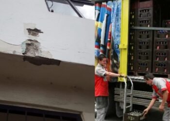 Camión repartidor de cerveza dañó la fachada de un segundo piso en el Yuldaima