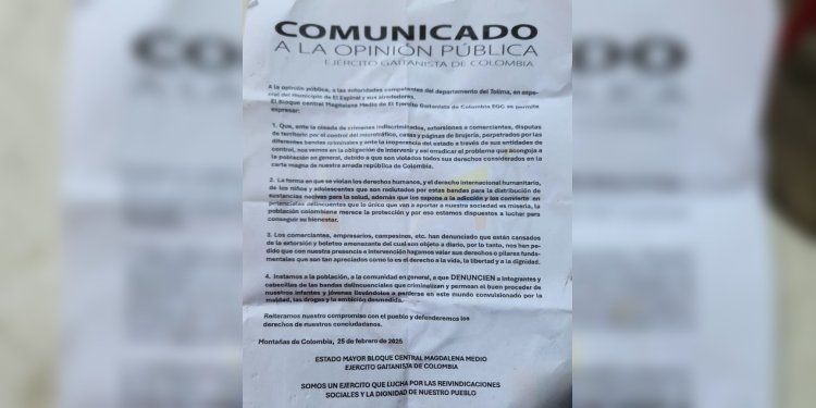 Policía afirma que panfleto del Clan del Golfo en Espinal sea verdadero