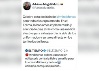 Departamento del Tolima supera el 90 % de uniformados de Fuerzas Militares y de Policia vacunados contra Fiebre Amarilla