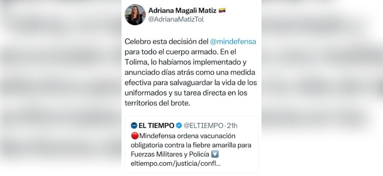 Departamento del Tolima supera el 90 % de uniformados de Fuerzas Militares y de Policia vacunados contra Fiebre Amarilla