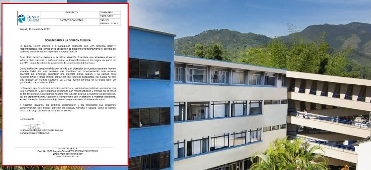 Clínica Tolima confirma la suspensión de los servicios de urgencias y hospitalización