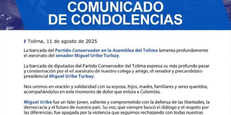 Bancada conservadora en la Asamblea del Tolima condena con firmeza el asesinato de Miguel Uribe Turbay