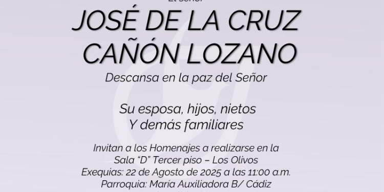 Este viernes exequias del comerciante José De La Cruz Cañón, JC