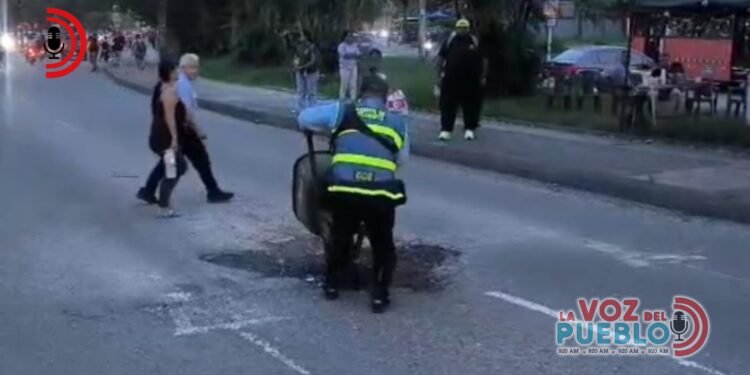 De controlar tráfico a tapar huecos: agente 009 se volvió obrero en plena vía