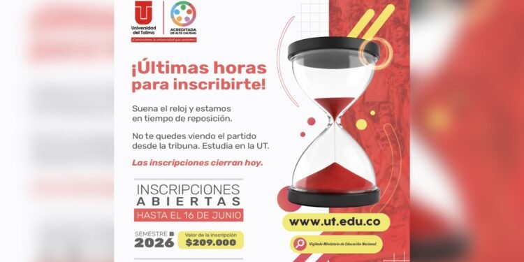 ¡Últimas horas! Hoy cierran las inscripciones para ingresar a carreras de la Universidad del Tolima en el semestre B de 2026
