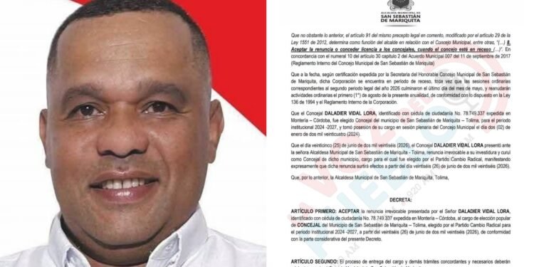 Renunció el concejal de Mariquita Daladier Vidal y deja su curul de manera irrevocable