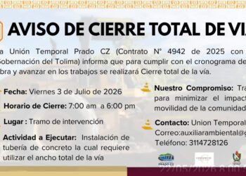 Mañana habrá cierre total de la vía a Tomogó entre Prado y Dolores por obras