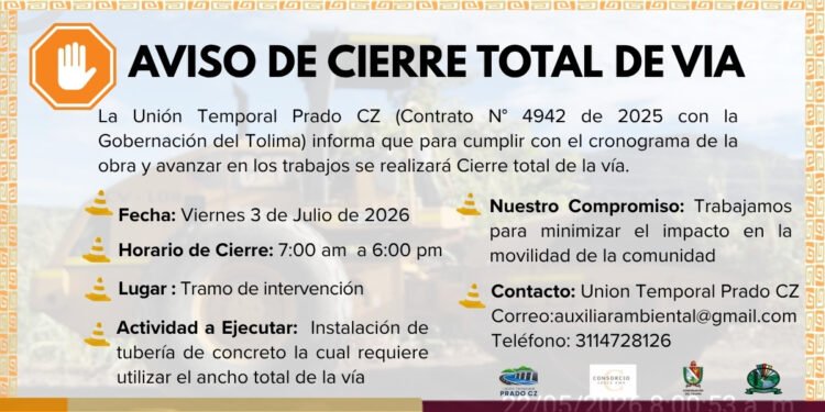 Mañana habrá cierre total de la vía a Tomogó entre Prado y Dolores por obras