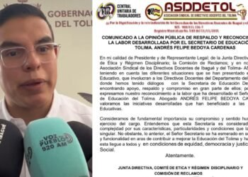 El secretario de Educación del Tolima recibe espaldarazo de la CUT, pero deja su futuro en manos de la gobernadora