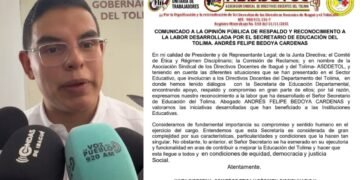 El secretario de Educación del Tolima recibe espaldarazo de la CUT, pero deja su futuro en manos de la gobernadora