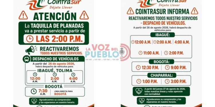 ¡Planadas vuelve a conectarse! Cointrasur anunció regreso de rutas hacia Ibagué, Bogotá y Chaparral