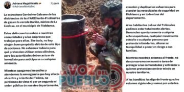 “Disidencias de las FARC habrían robado 41 cilindros de gas en zona rural de Rioblanco” Gobernadora Adriana Magali Matiz
