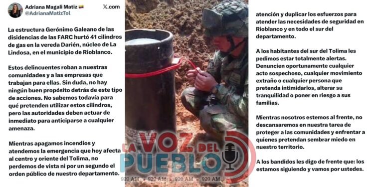 “Disidencias de las FARC habrían robado 41 cilindros de gas en zona rural de Rioblanco” Gobernadora Adriana Magali Matiz