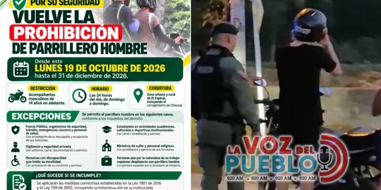 ¡Atención, motociclistas! El Espinal prohíbe el parrillero hombre las 24 horas